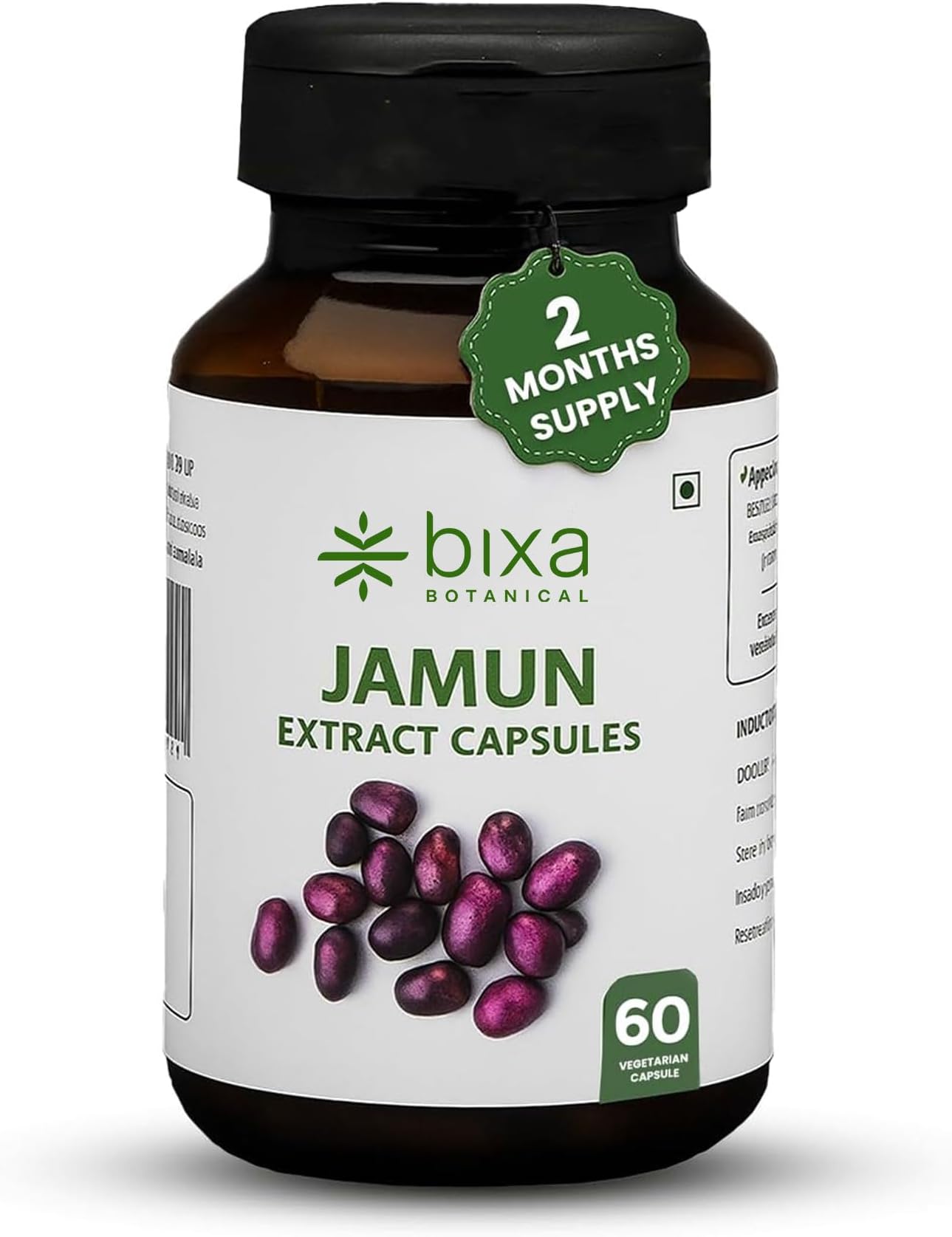 bixa BOTANICAL Ayurvedic Natural Herbal Supplement Jamun Extract Pure Authentic Premium Quality (Eugenia Jambolana/Black Plum) Bitters 5% | Veg Capsules 60 Count (450mg)