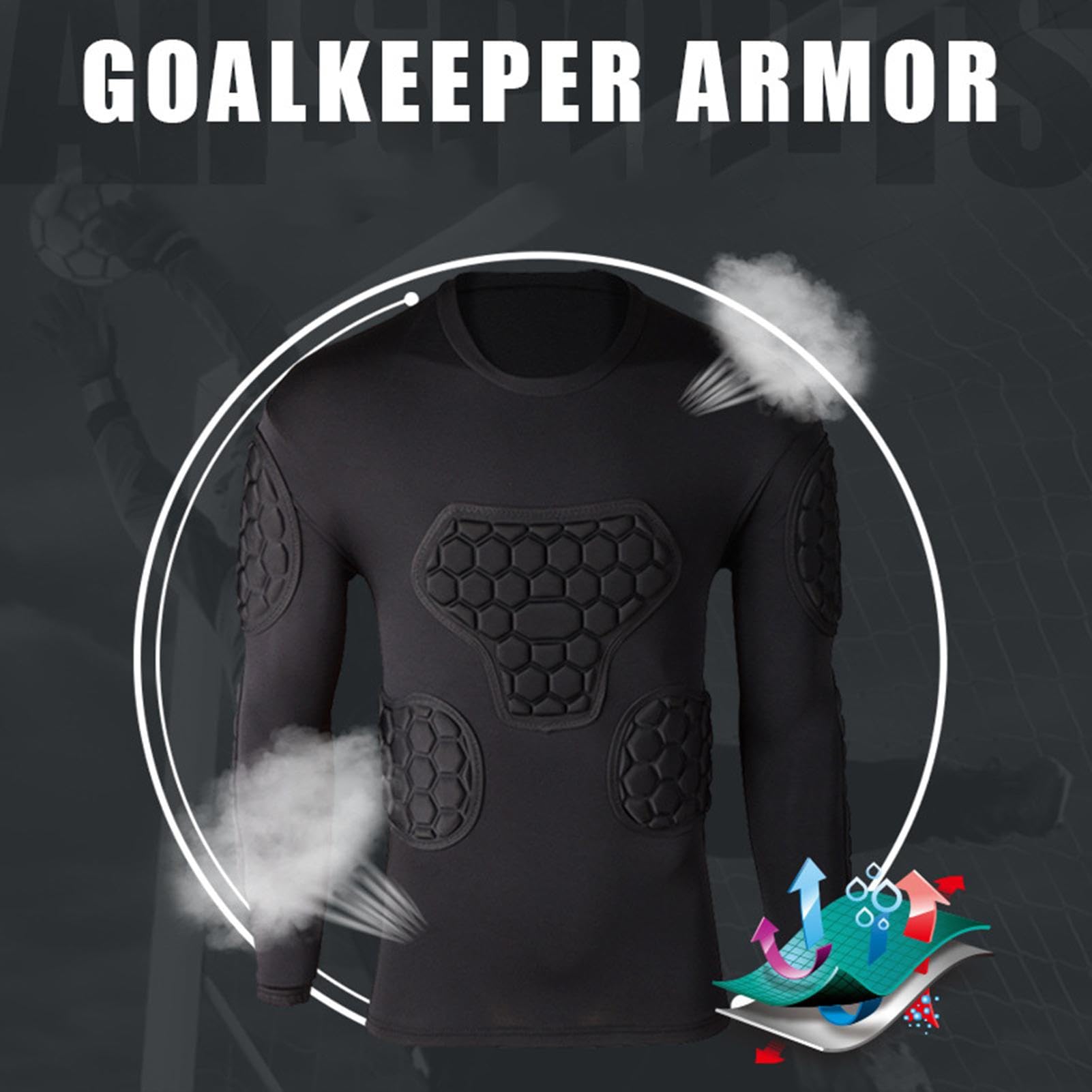 Camicia imbottita per giovani – Maglia da portiere a maniche lunghe, camicia di compressione di protezione con torace, gomiti e spalline, ideale per l'allenamento di calcio, baske