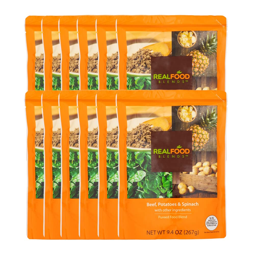 Real Food Blends Beef, Potatoes & Spinach - Pureed Food Meals for Tube Feeding with Protein, Vegetables & Fruits - 330 Calories for Lunch & Dinner - 9.4 oz (Pack of 12)