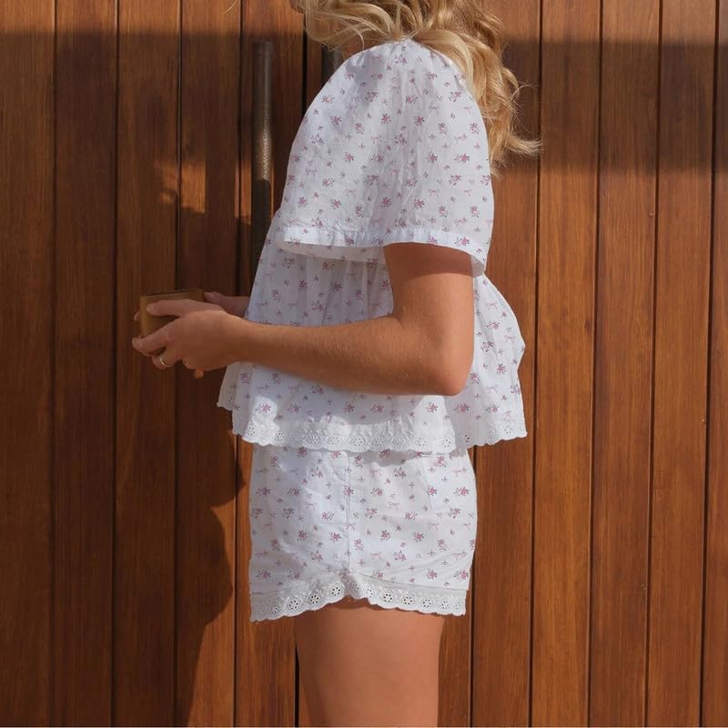 Image of ROAONOCOMO Women Floral Pajama Set Ruffle Puff Sleeve Peplum Shirt Coquette Pj Set Bow Babydoll 2 Piece Shorts Outfit