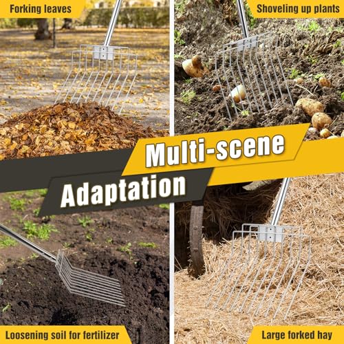 AugFir Pitchfork for Gardening, 50\" Multifunctional Stainless Steel Garden Pitchfork with Handle, Suitable for Shoveling, Fertilizing, Transplanting, Mulching Garden Fork - 10 Tines