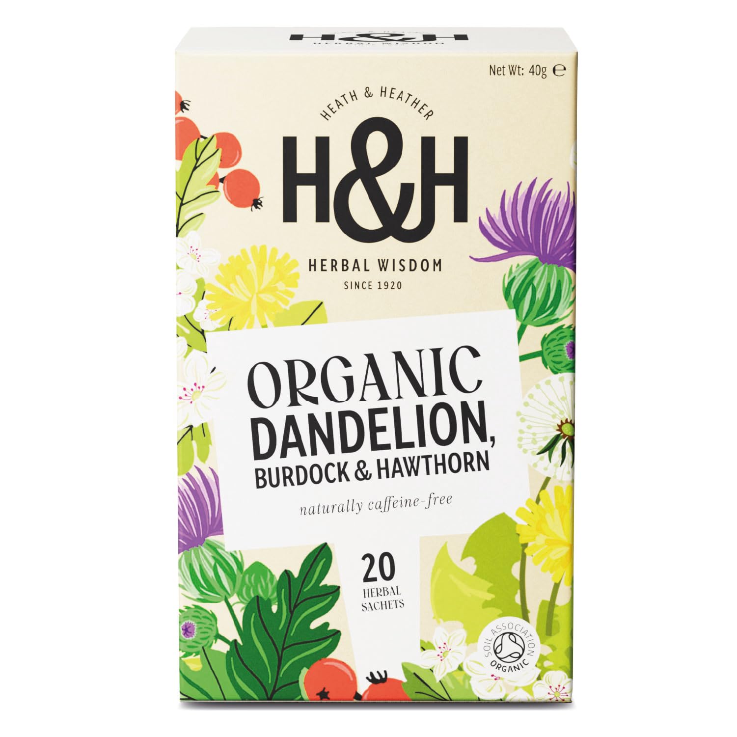 Heath & Heather - Organic Dandelion, Burdock & Hawthorn Tea • Wild Meadow Herbal Infusion for Liver & Heart Health • Caffeine‑Free • Vegan • 20 Tea Bags