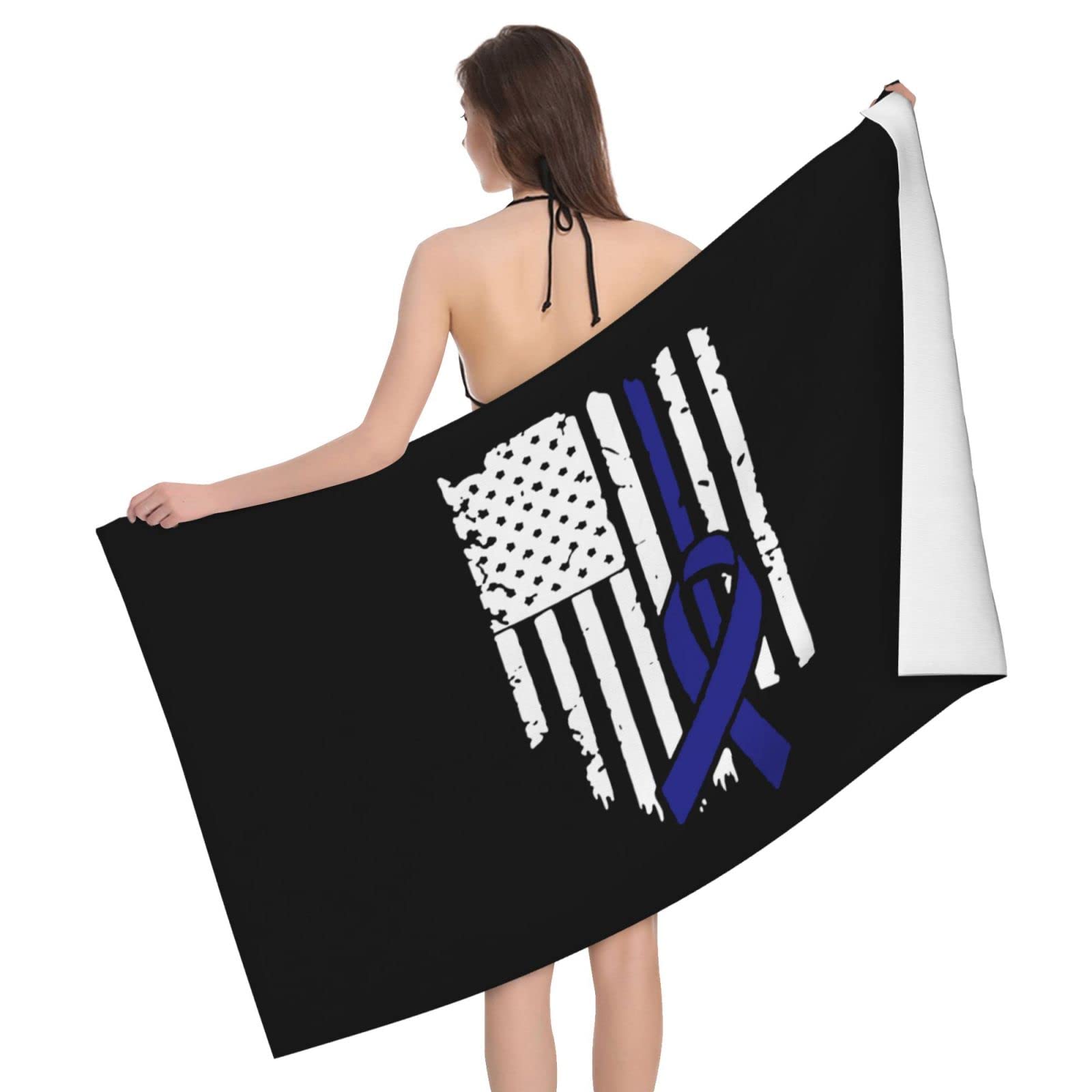 Lsjuee American Flag Colon Cancer Awareness Microfiber Beach Towel Absorb Water Quick Dry Bath Towel, for Beach, Swimming Pool, Camping