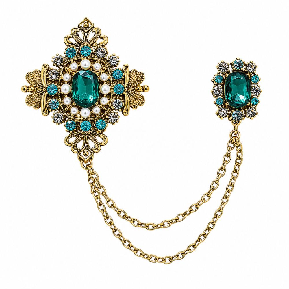 Traditional Gold Plated Stone Studded Chain Brooch for Sherwani, Indo Western, Suit, Blazer & Kurta for Men (SMBR012Mo)-image-19