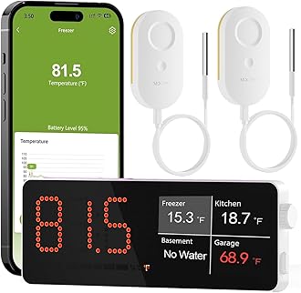 MOCREO WiFi Freezer Thermometer Alarm with Digital Monitor Hub, App and Email Alerts, 2-Year Data Export, No Subscription Fee, 2 Remote Temperature Sensors for Home Refrigerator, Fridge, Freezer