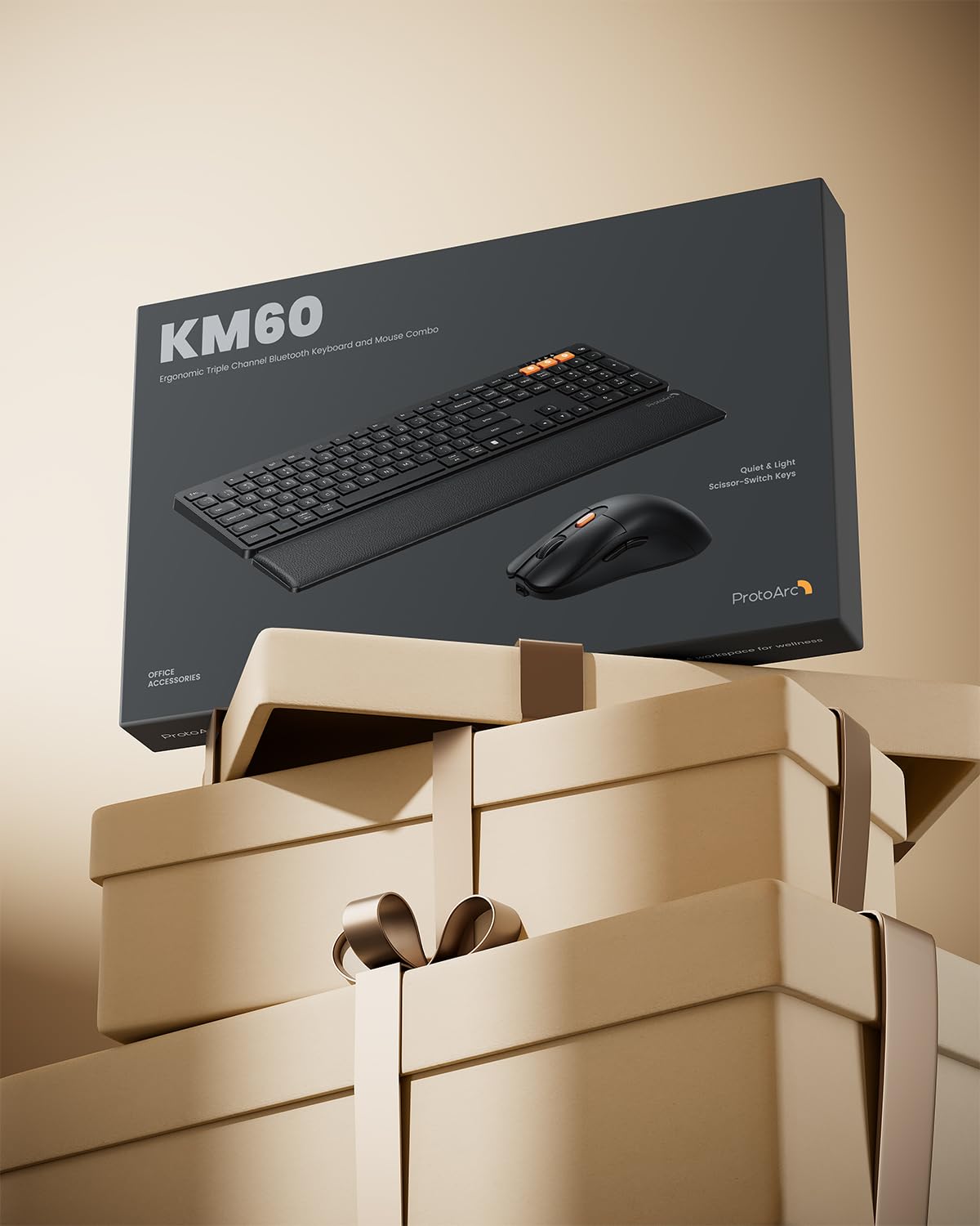 ProtoArc Teclado y Ratón Inalámbrico Bluetooth, KM60 Teclado de tamaño Completo con Reposamuñecas, Recargable, 2,4 GHz + 2*Bluetooth, para Ordenador Portátil, PC, Mac y Windows, QWERTY Español, Negro