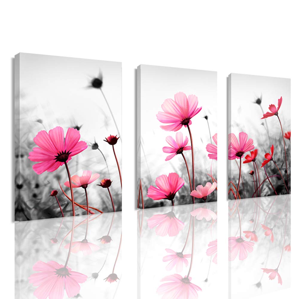 Flowers Canvas Art Wall Decor Black and White Framed Galsang Floral Prints and Posters Wall Hanging Decorations Ready to Hang for Bedroom Bathroom (pink, 12"x16"x3Panles)
