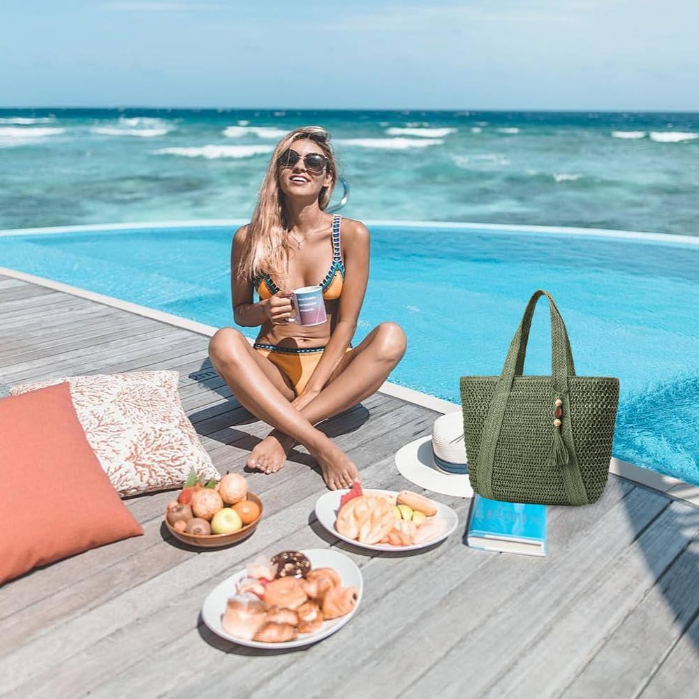 Straw Beach Bags for Women Woven Beach Tote Bag Casual Boho Large Shoulder Handbags Purse for Vacation Holiday