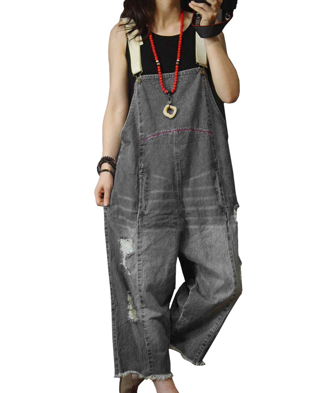 YESNOWomen Casual Loose Cropped Denim Jumpsuits Rompers Jeans Overalls Distressed Ripped Fringed/Pockets P49