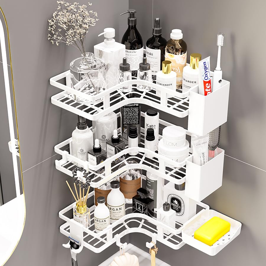 Zilnox 浴室用ラック シャワーラック 強力粘着固定 お風呂 収納 浴室 洗面所 バスルーム 3段 ホワイト 幅25x奥行25x高5CM