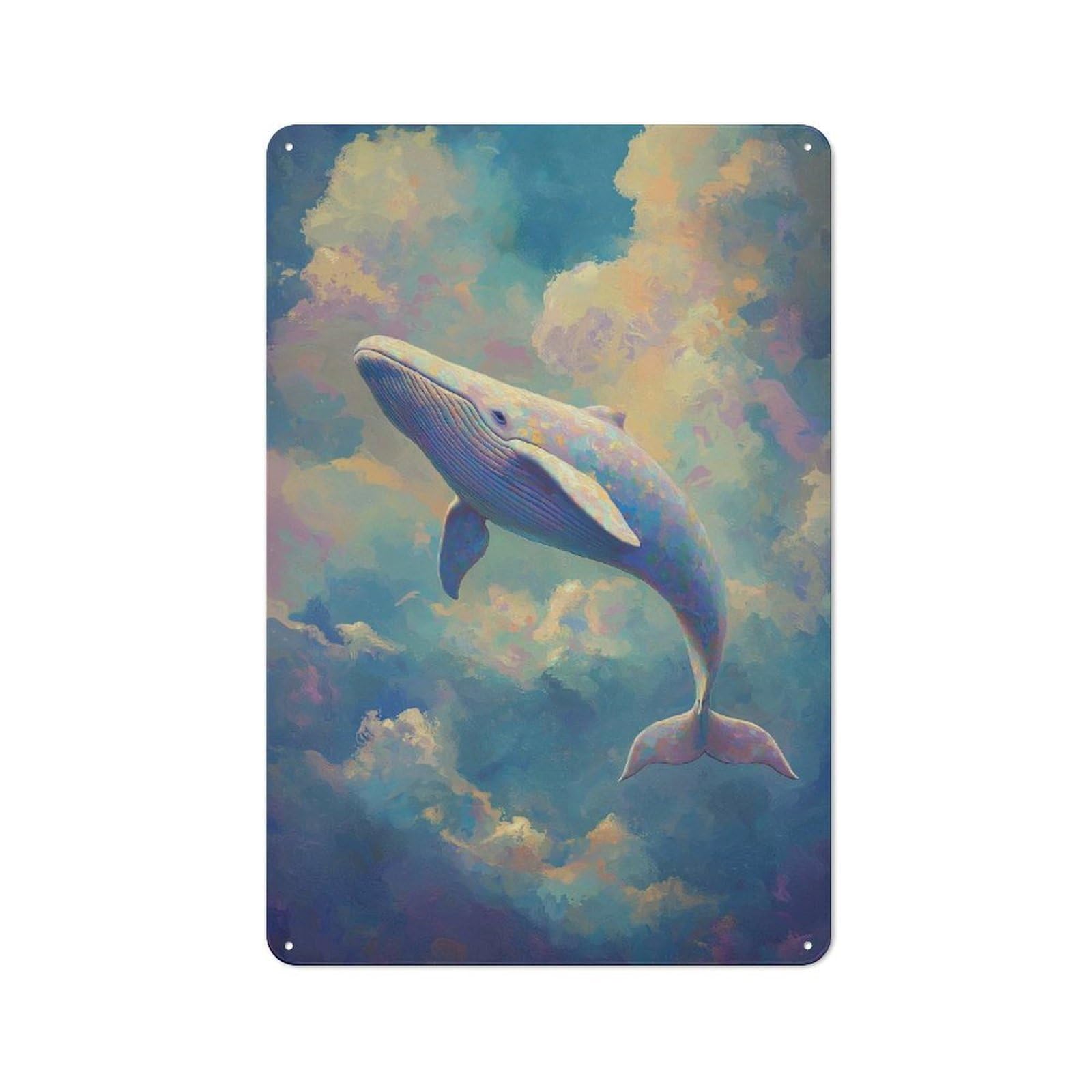 Junmoney Whale In The Sky Painting Retro Metal Wall Sign 30X20cm With For Living Room Wall, For Vintage Wall Decor Fans, For Themed Room Decoration