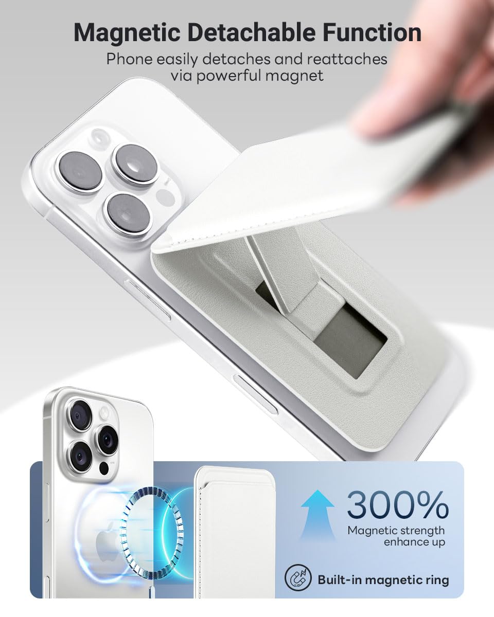 OCASE Porta Carte Magnetico, Supporto Regolabile, Compatibile con MagSafe, in Pelle Sintetica, per iPhone Serie 17/16/15/14/13/12 (Escluso Serie Mini) e Custodia per MagSafe - Bianco