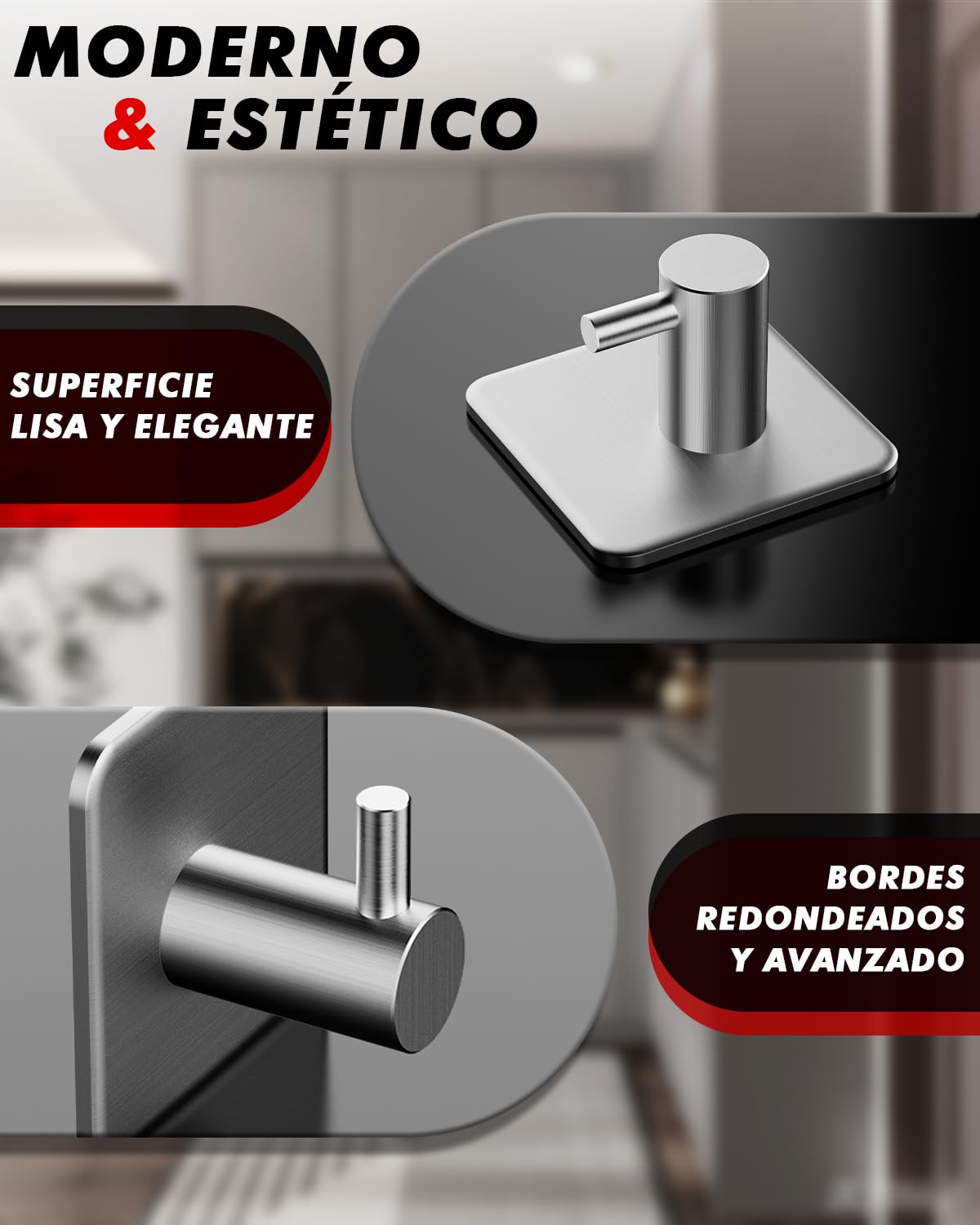 Auxmir Ganchos Adhesivos para Pared, Acero Inoxidable Colgador Toallas sin Taladro, Toalleros Autoadhesivo Extrafuerte para Baño Cocina Albornoz Trapos, Gris, 6 Piezas — view 8
