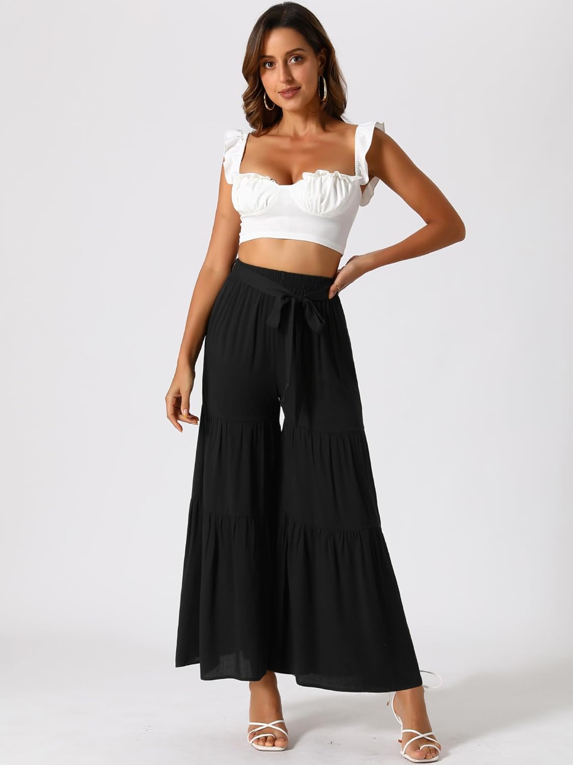 Allegra K Women's Boho Elastic High Waisted Ruffles Flare Palazzo Wide Leg Pants - Image 2
