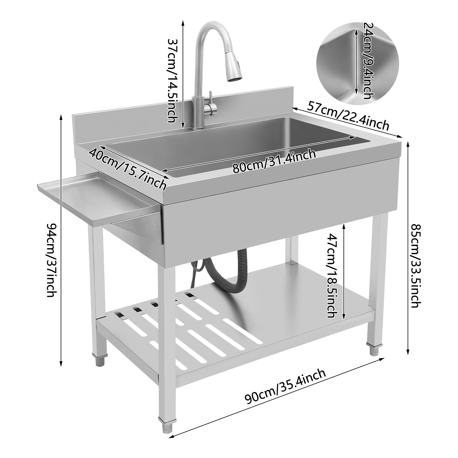 Fregadero de cocina independiente, 90x57x94 cm, acero inoxidable, grifo extraíble, lavabo portátil para catering