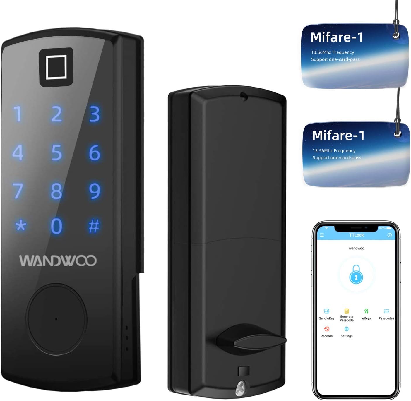 【2020 New 5-in-1】Fingerprint Lock, Wandwoo Smart Door Lock with Bluetooth Secure Finger ID Card Swipe Mechanical Keys Enabled Anti-peep Code Auto Lock Free APP for Home Office