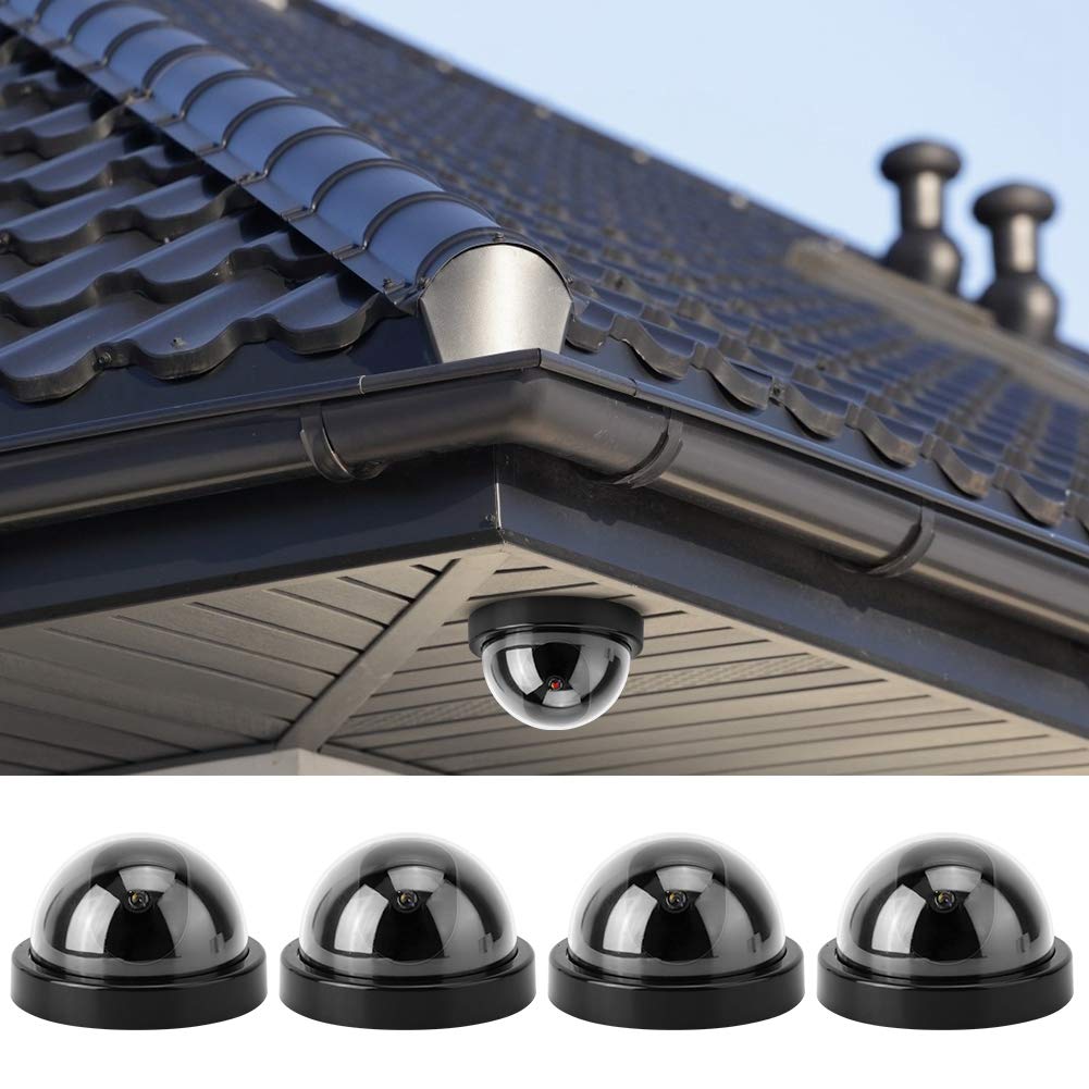 Blink - Telecamere di sicurezza finte, per esterni, 4 pezzi, telecamera di sorveglianza a cupola, finta telecamera di sicurezza CCTV, con luce LED lampeggiante (bianco) (nero)