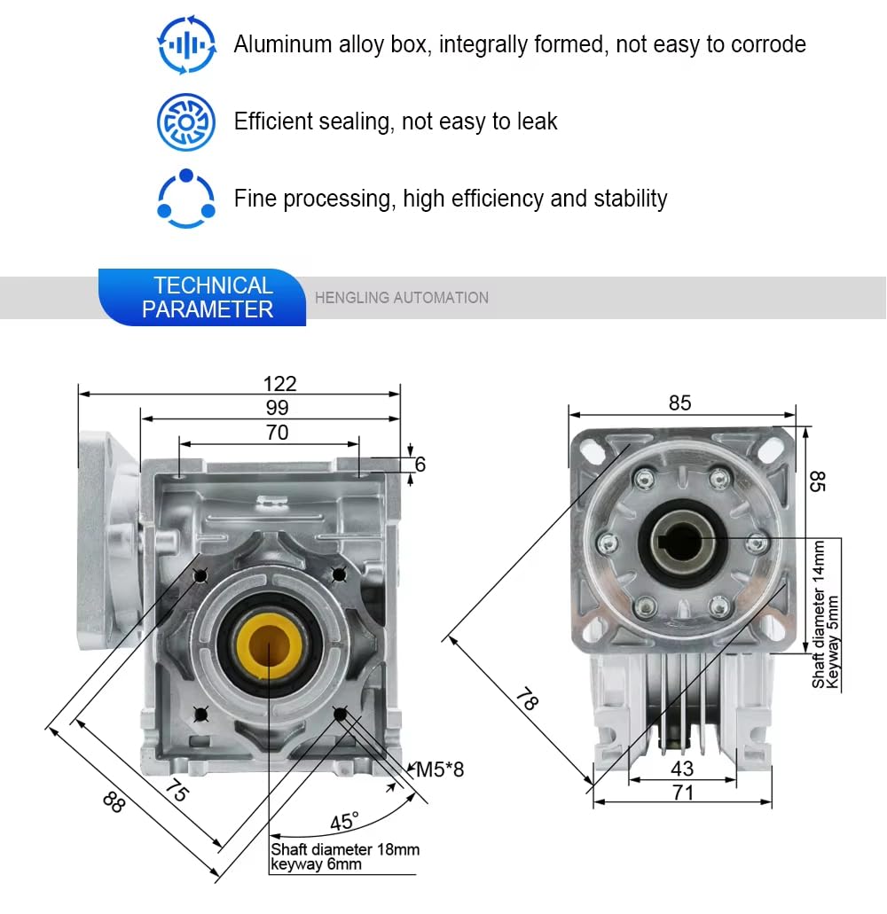 NMRV030 Schneckengetriebe Aluminium 5:1-80:1 Eingang 8mm/11mm Ausgang 14mm für Nema23 Motor