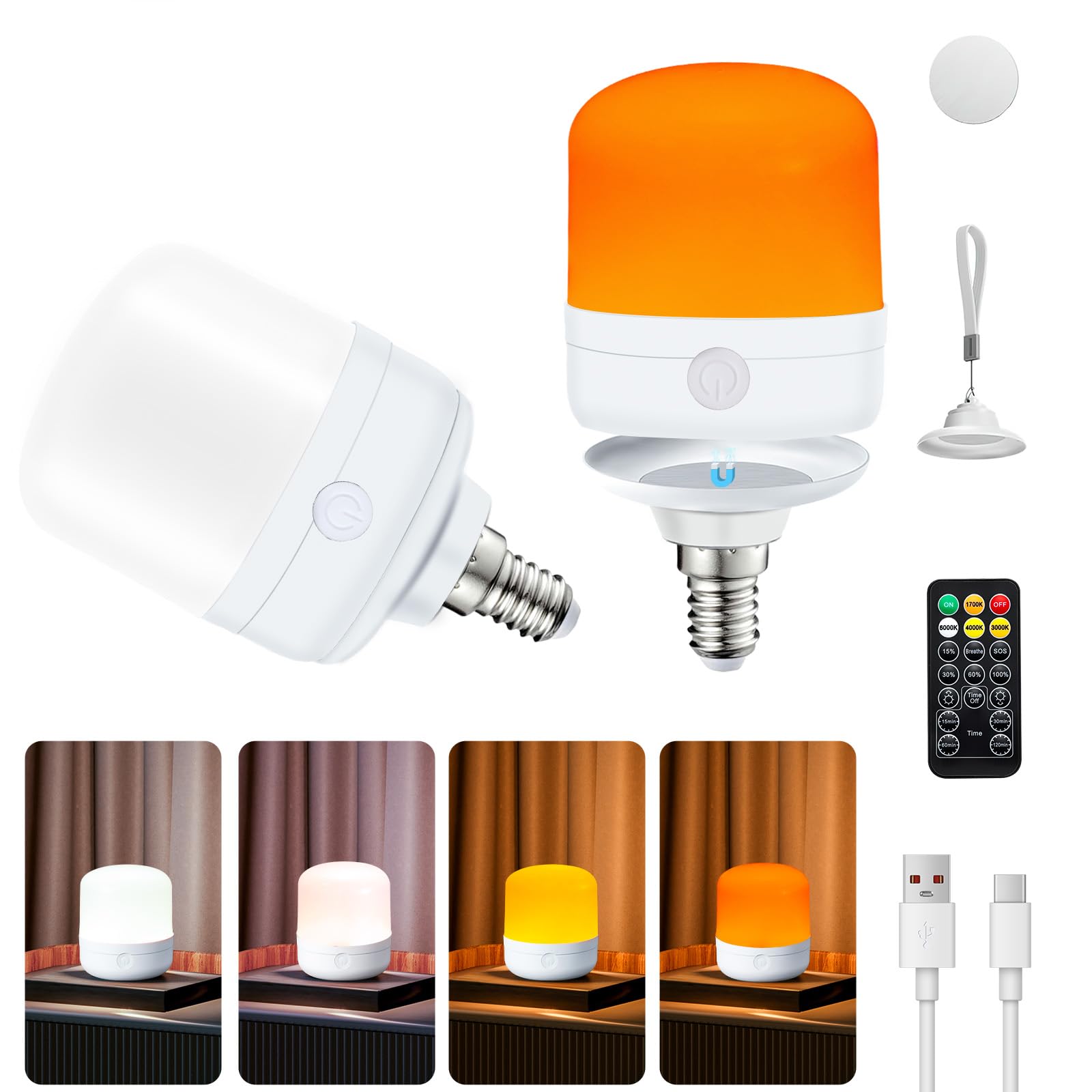 Joyes USB-C Rechargeable Lamp – 2 Pcs Battery Powered E14 Bulb with Dimmable, 4 Color Temperatures, Timer, 7W Detachable LED for Non Hardwired Lamps, Wall Sconce, Camping & Reading