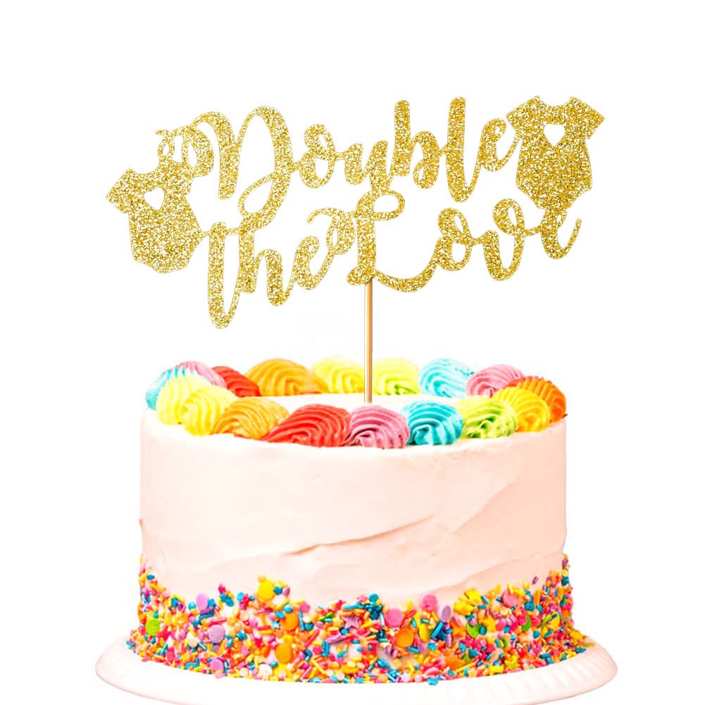 Double The Love Cake Topper, Twins Baby Shower Cake Decors, Gender Reveal Party Decoration Supply, Gold Glitter