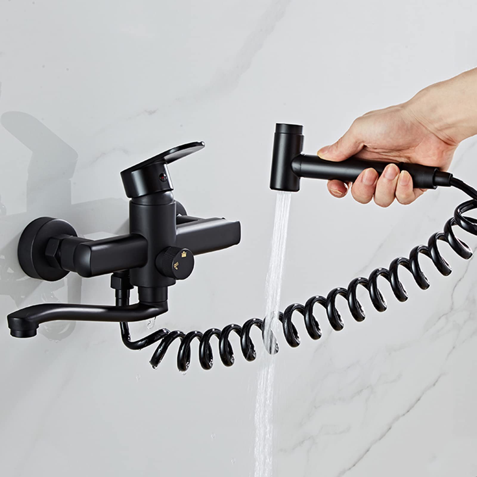 ASerZenith Wall Mount Kitchen Tap Swivel Brass Hot And Cold Airbrush Multifunction Wall Mount Kitchen Taps Black-20Cm