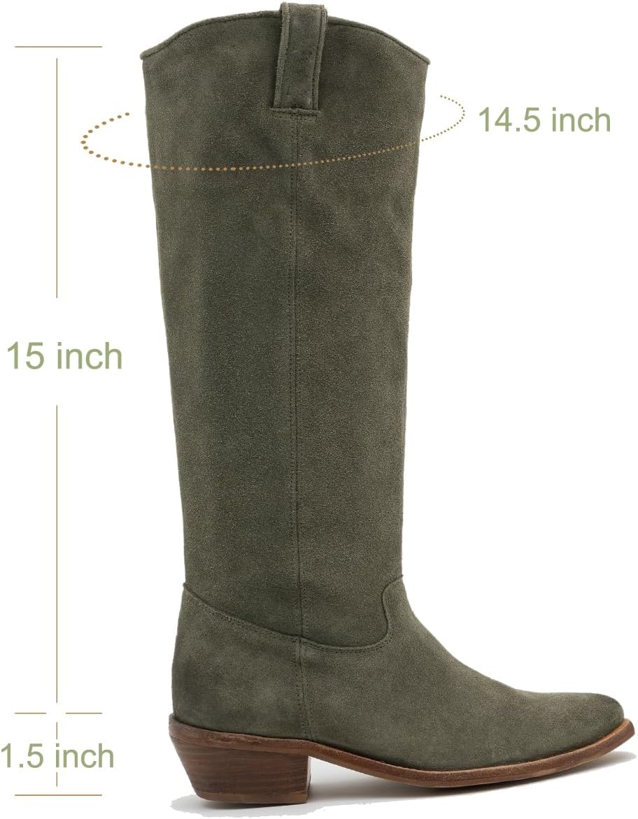 Women Low Chunky Stacked Heel Western Knee High Boots Slouchy Suede Pointed Square Toe Pull On Cowboy Boots Block Heels Wide Calf Stretchy Tall Dress Boot Fall Winter Retro Comfort 4-13 M US