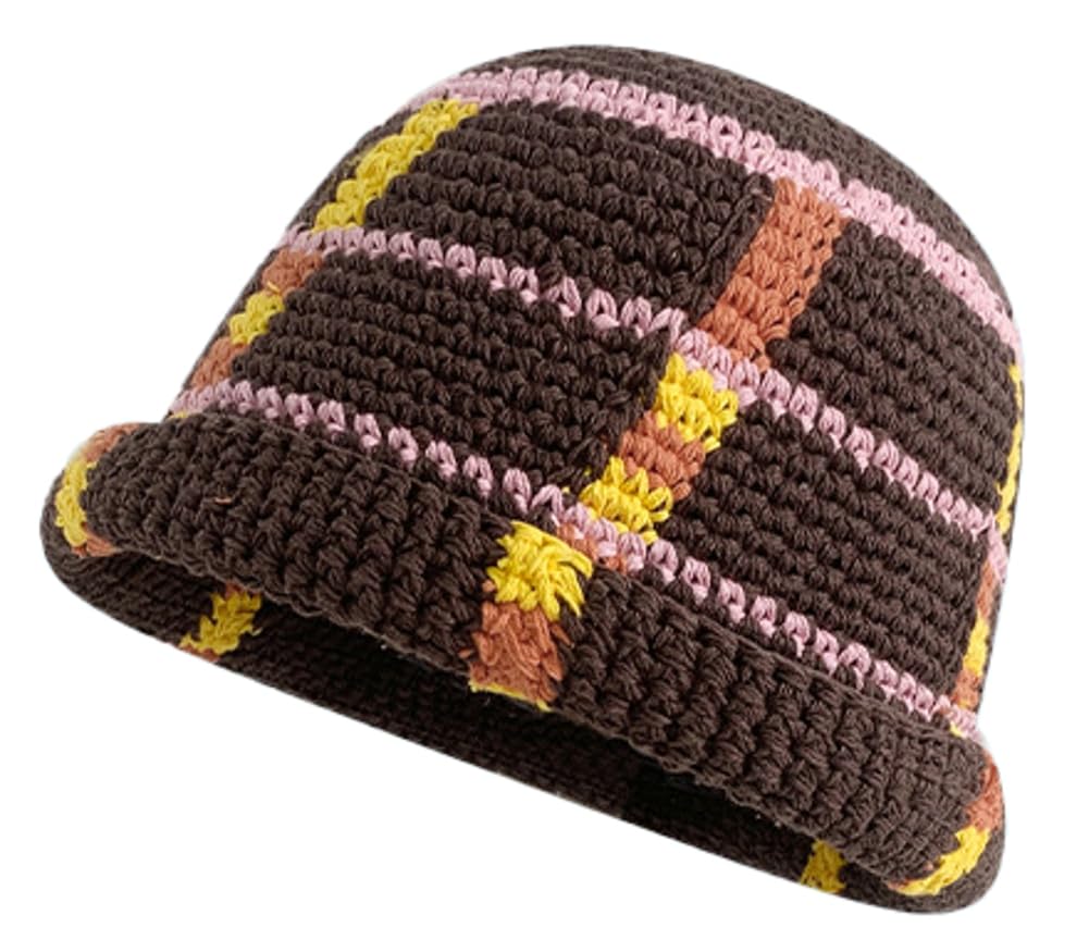 Women Crochet Bucket Hat Handmade Cloche Hat Knitted Beanies Floppy Fishing Hat Striped Outdoor Rainbow Color Hat