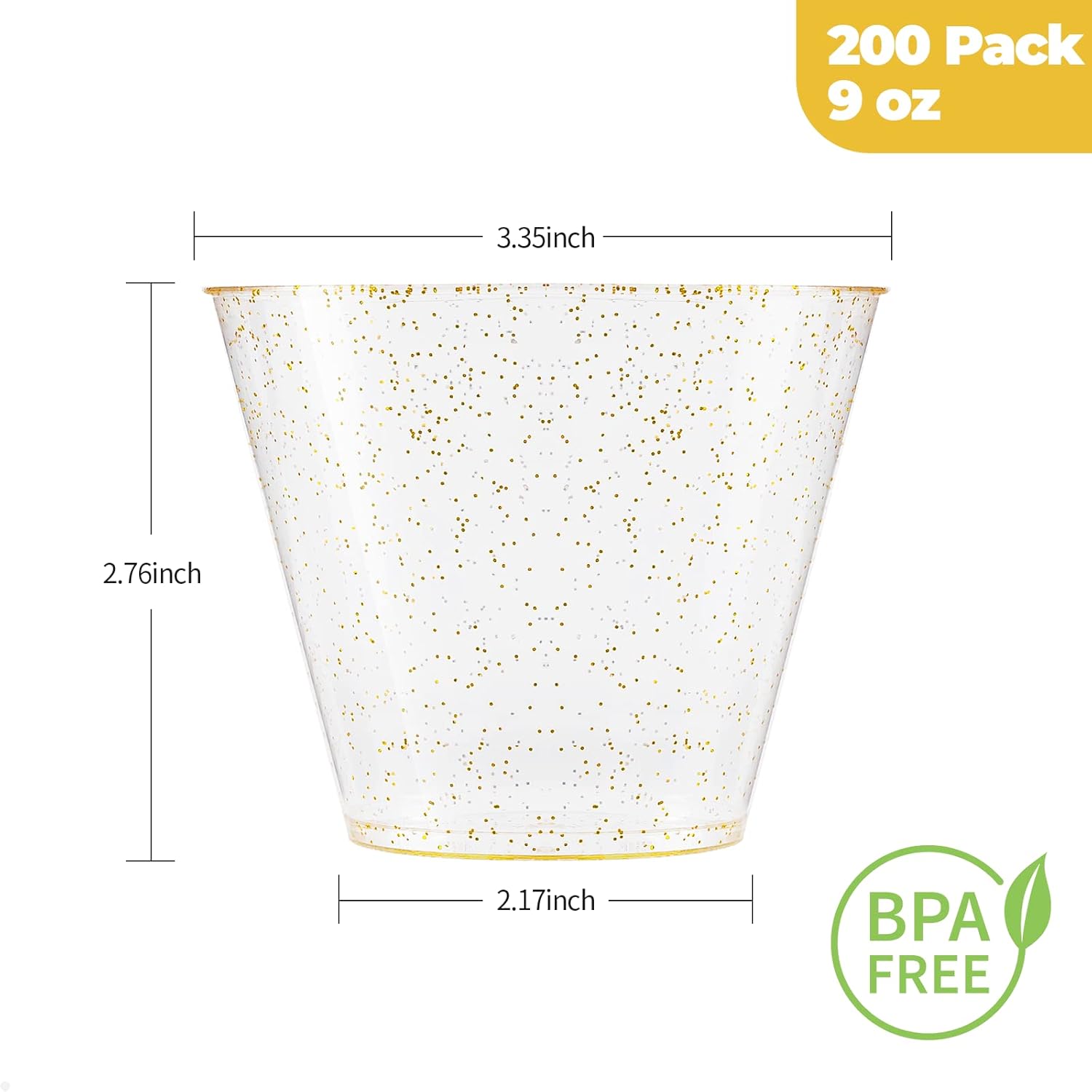 Goodluck 9 oz 200 PCS Gold Glitter Plastic Cups, Disposable Glitter Cups, Elegant Plastic Cocktail Glasses, Fancy Party Cups for Wedding, Birthday, Holiday - Image 3