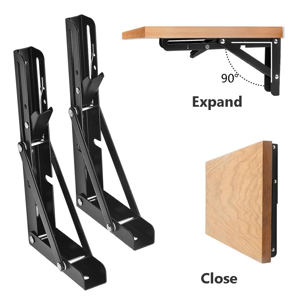 Hocansen 2Pcs Metal Foldable Brackets L Shelf Collapsible Brackets Black Wall Mounted Shelf Bracket Max Load 132 lb Collapsible Shelf Bracket for Table Bookcase (ZDJ/Black 250mm) - Image 4