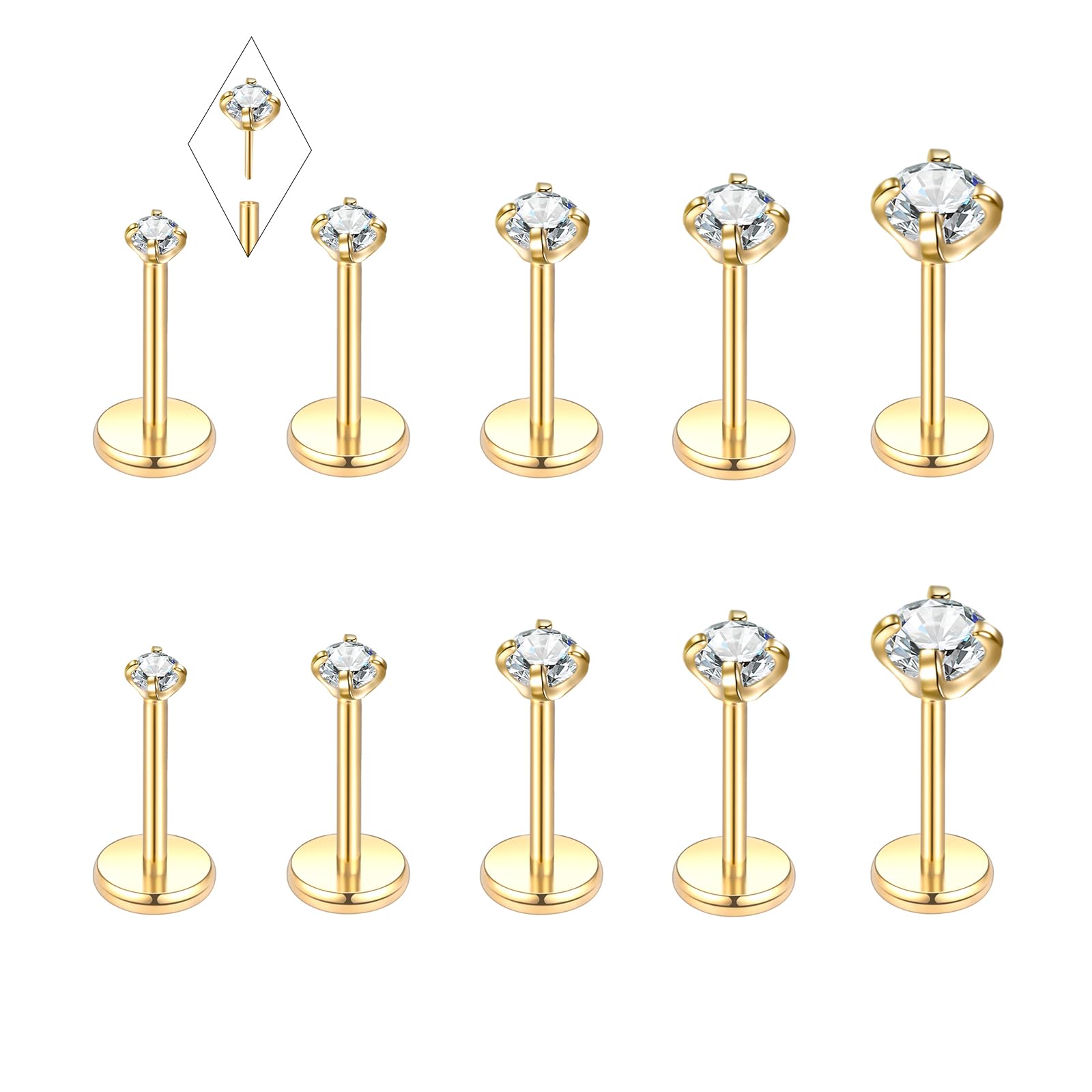 Oveta Threadless Nose Stud Stainless Steel 20G 18G 16G Threadless Flat Back Tragus Earrings Labret Medusa Monroe Ashely Lip Piercing Jewerly Gold