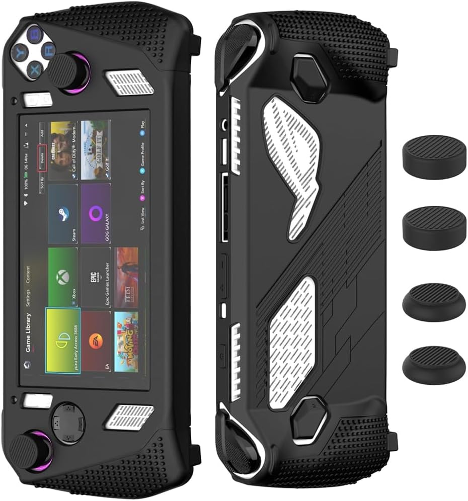 for Rog Ally Stand Protective Case, Silicone Accessories Protector, Full Protection Kickstand, Anti-Scratch Drop-Proof Non-Slip Full Protective Rog Ally Case with 2 Pair Thumb Grips, Black