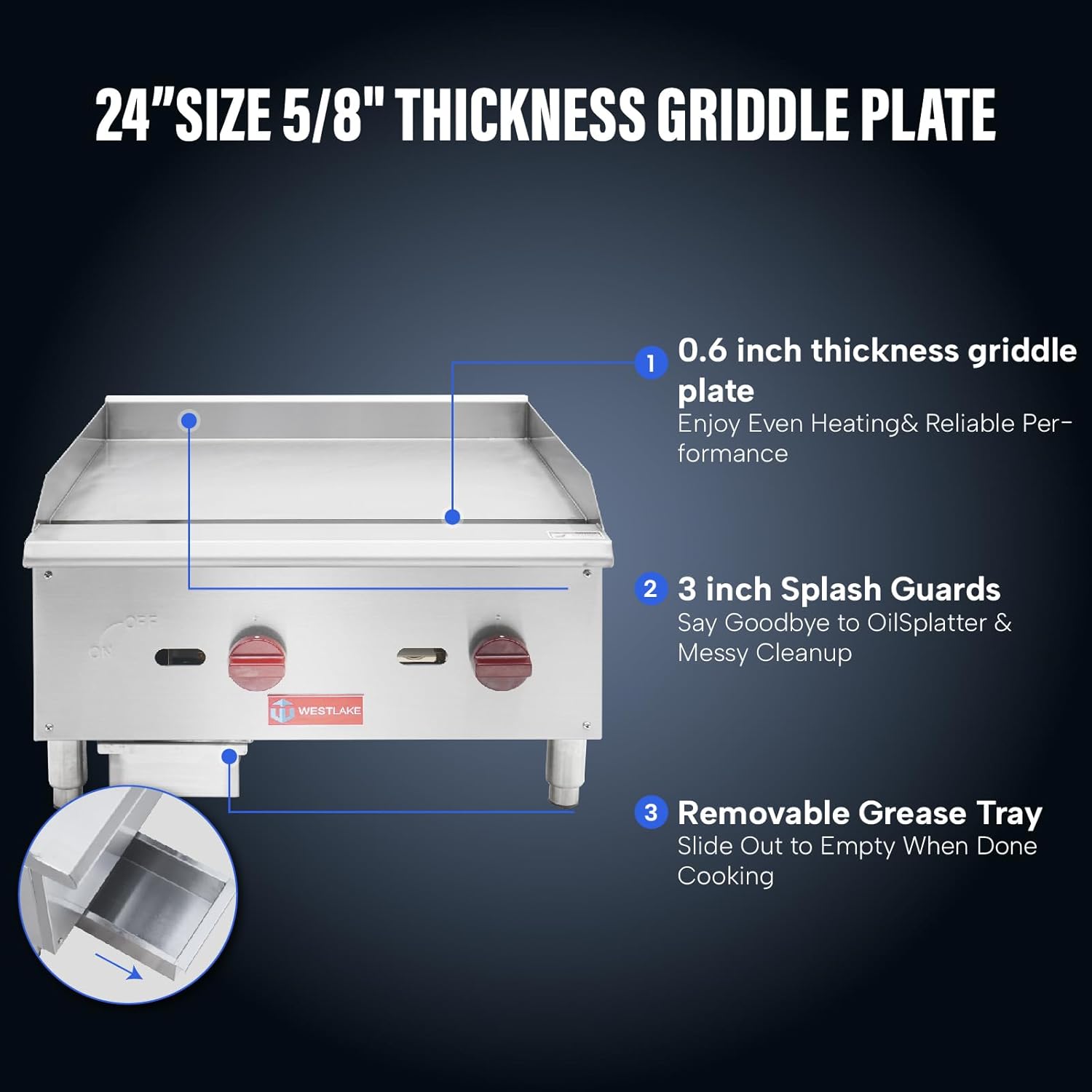 WESTLAKE 24"W Commercial Gas Griddle Countertop Natural Gas and Propane Griddle with 2 Burners 60000 BTU, Stainless Steel Plate Grill for Restaurants