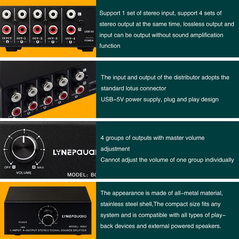 Separatore di sorgente segnale stereo 1 in 4 uscite audio RCA