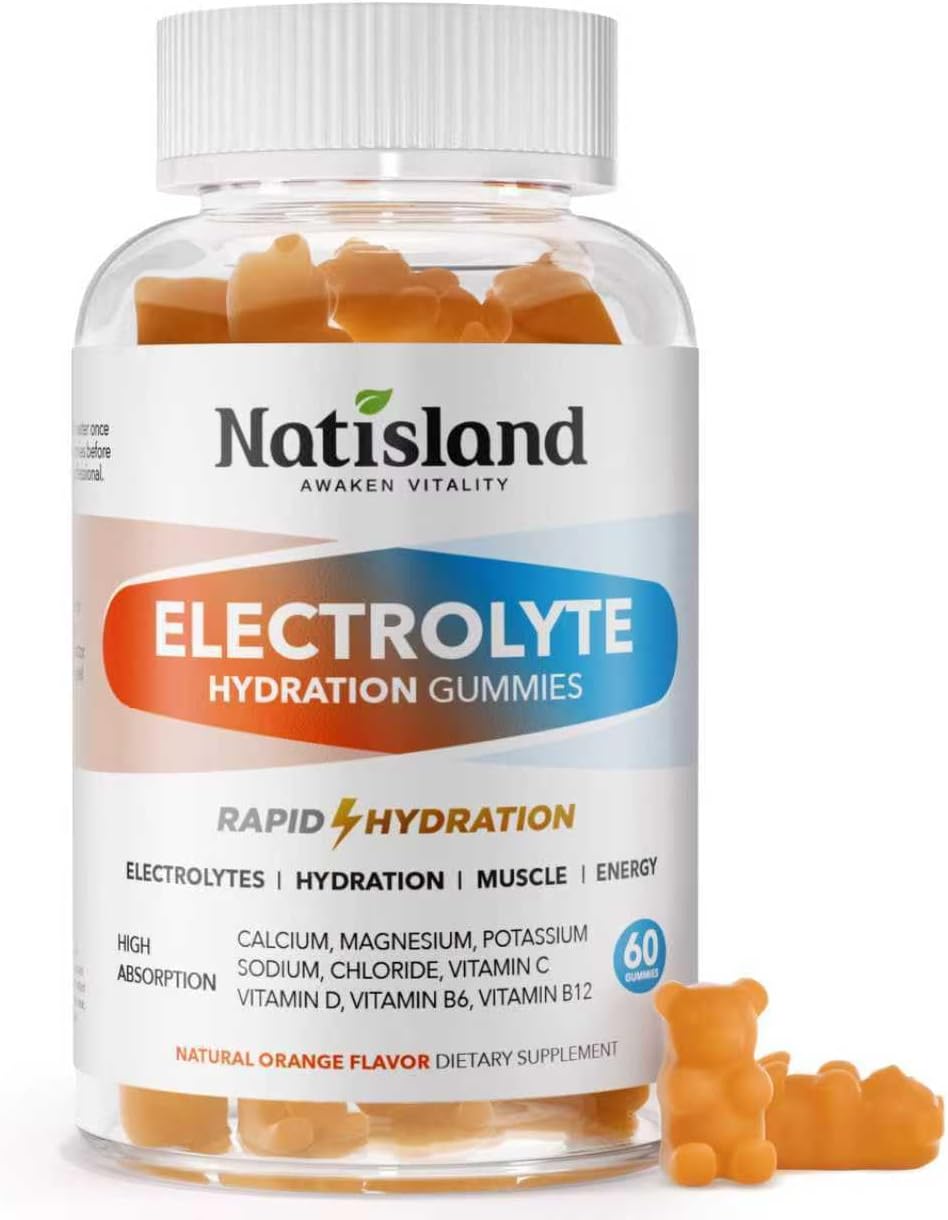 Electrolyte Gummies for Hydration, Hydration Gummies for Kids & Seniors Adults, with Potassium, Magnesium, Calcium, Sodium, Chloride for Runners and Endurance Sports, Orange Flavor, Vegan, 60 Chews