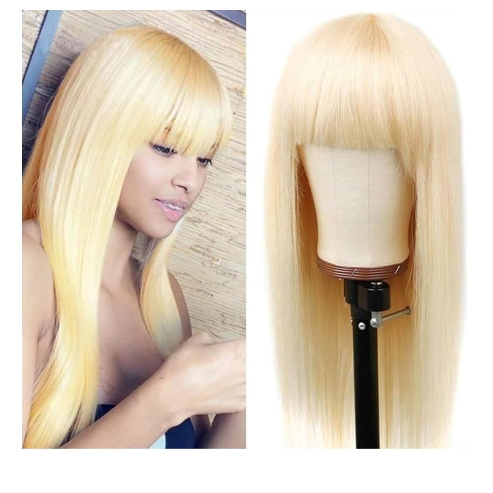 peluca lisa rubia 613 con flequillo, pelo humano sin pegamento, sin encaje, para mujeres añade volumen del cabello (16 inch)