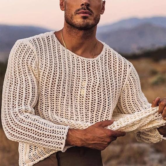 Evankin Men's T-Shirt Hollow Out Mesh Long Sleeve Tops See Through Underwear Knitted Sweater Loose Undershirt T-Shirt(White-S) - Image 6