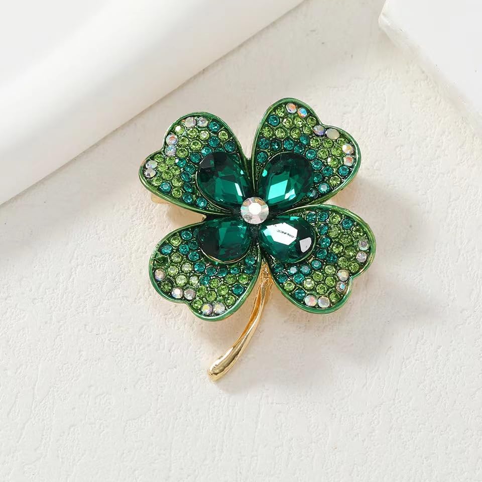 Image of Rhinestone Clover Leaf Brooch Pin, Green Four Leaf Clover Pin Shamrock Lapel Pin, Gold Plated Vintage Crystal Flower Brooches