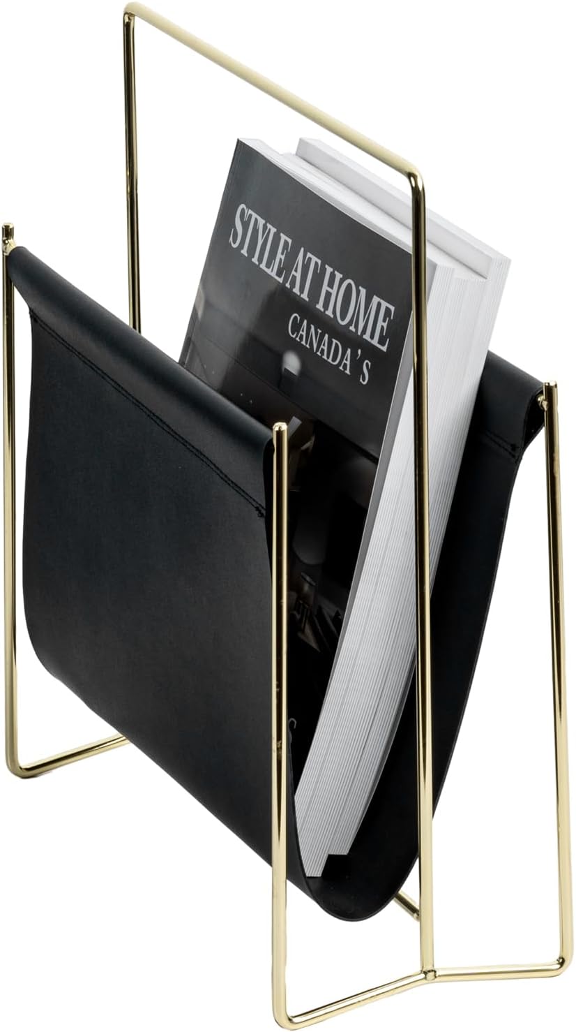 MyGift 13 Inch Modern Black Leatherette Magazine Holder Floor Standing Sling Style Rack with Gold Tone Metal Frame