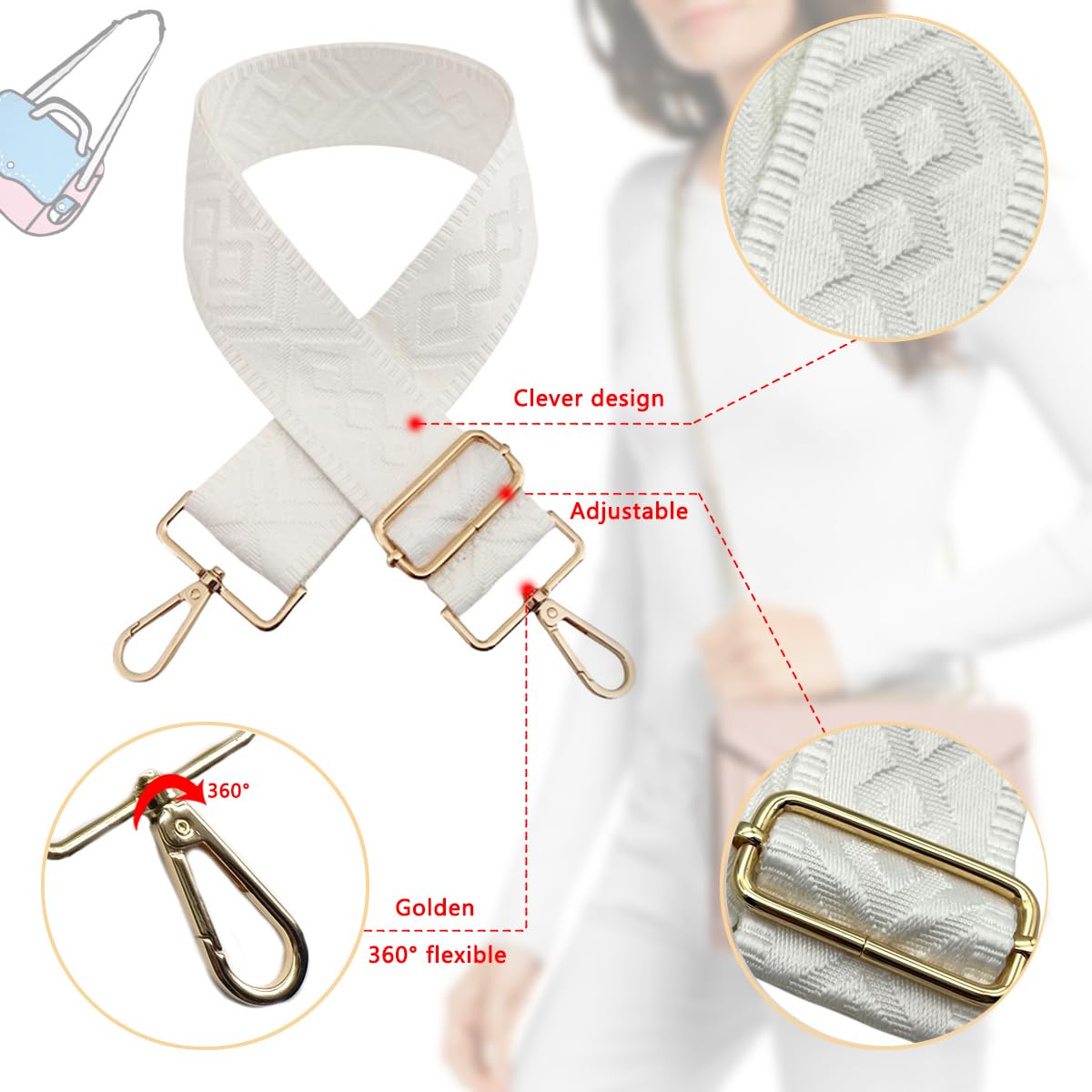 Tracolla Regolabile Per Borsa Donna - Cinghia Larga 5cm Con Fibbia Oro | Borsa A Spalla, Crossbody Tela - Foto 6