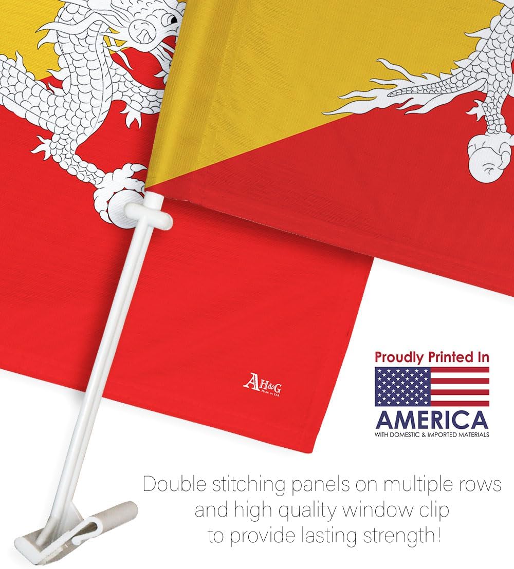 Bhutanese Car Flag Bandera para Carros De Bhutan Decor for Window Clip Mount Auto Accessories Sport Fan Gifts League Olympics Party Supplies Patriotic Decorations Made in USA