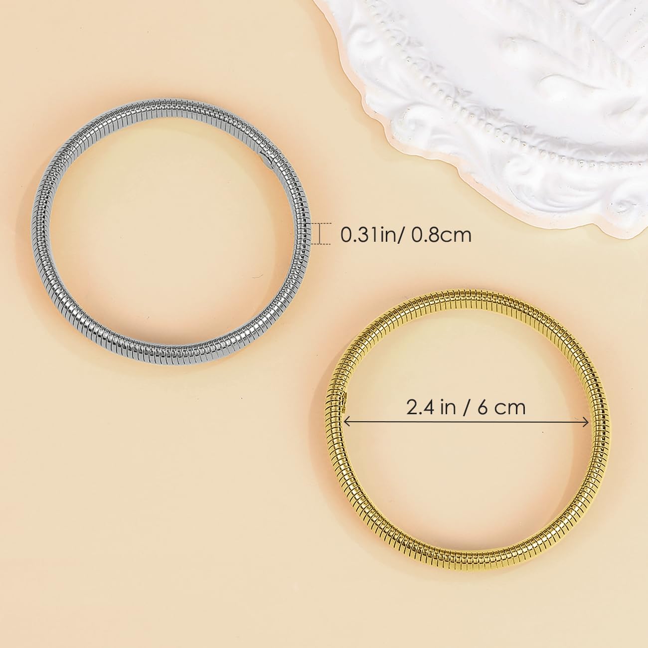 Emibele Gold Bangles Bracelet Set for Women, 18K Gold Plated Chunky Stainless Steel Non Tarnish Stretch Bracelet Stack, Flexible Wide Wristband Bangle Layered Snake Chain Bracelets - Image 7