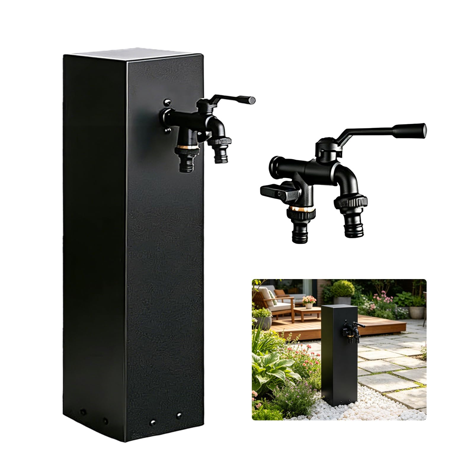 Fuente De Agua Para JardíN, Dispensador De Agua Vertical Para JardíN Con ConexióN Doble De 1/2 Pulgada Grifo Exterior De Acero Inoxidable Negro De 40cm Grifo Para Patio Jardines Terrazas Y Patios