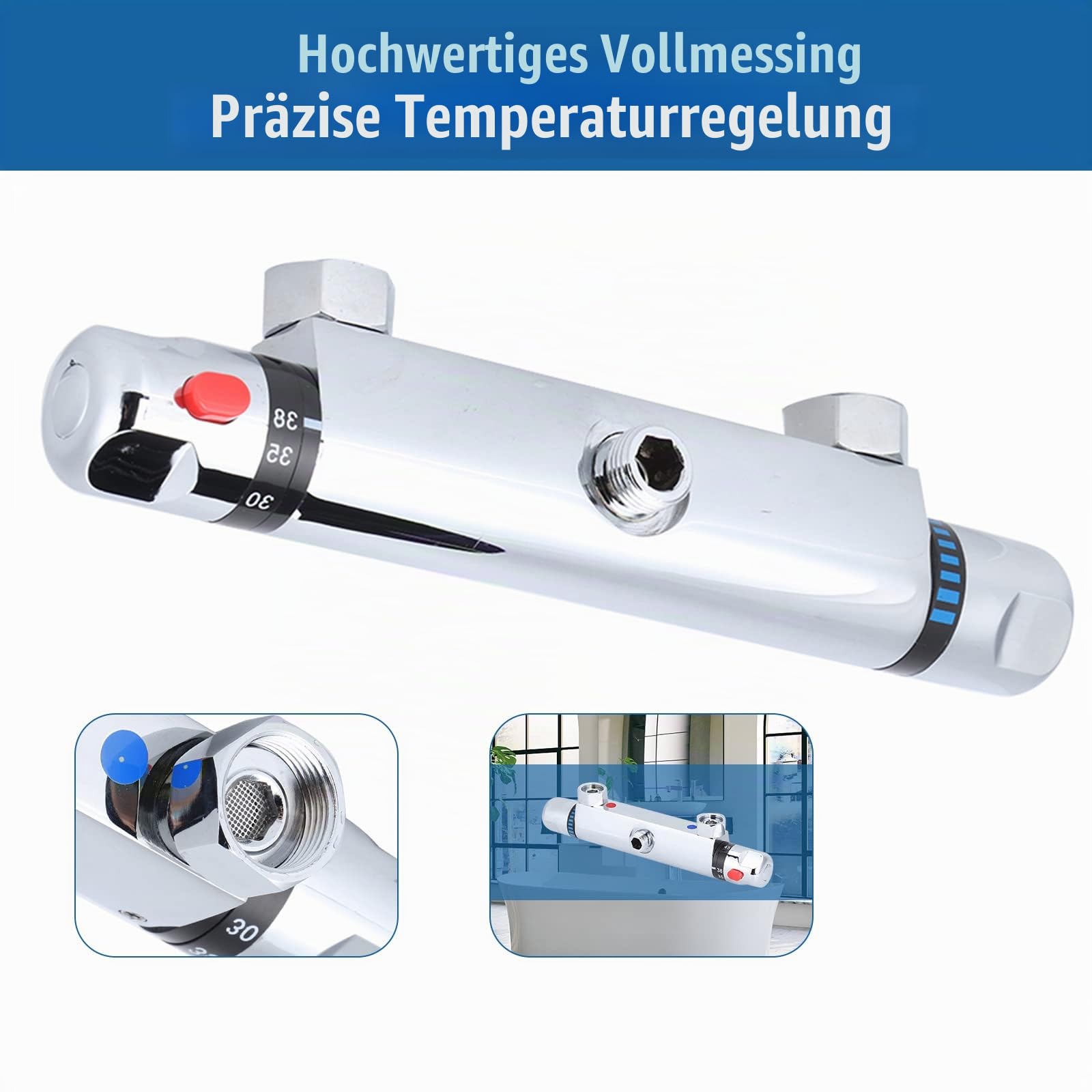Duscharmatur mit Thermostat, Chrom Mischbatterie Dusche mit 38°C Sicherheitstaste, Duschthermostat Aufputz, aus Messing Chrom, für Home Badezimmerzubehör