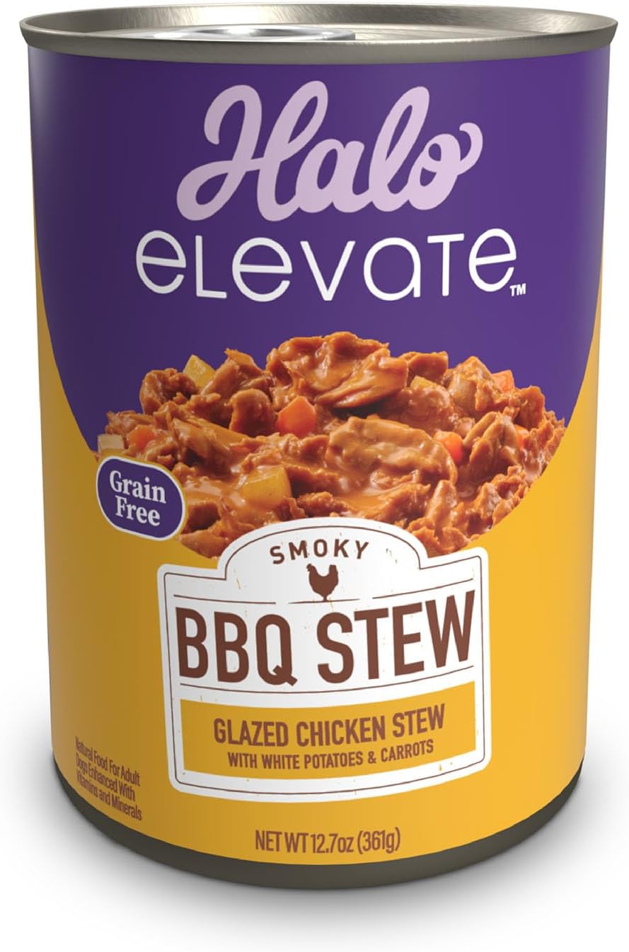 Halo Elevate Wet Dog Food Smoky BBQ Braised Glazed Chicken Stew Recipe, Grain Free Canned Dog Food, 12.7 Oz Can (Pack of 6)