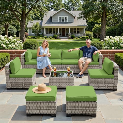 Image of Outdoor PE Wicker Rattan Modular Patio Sectional Sofa Set | 9-Piece: 6 Modular Seats, Coffee Table & 2 Ottomans, Grass Green