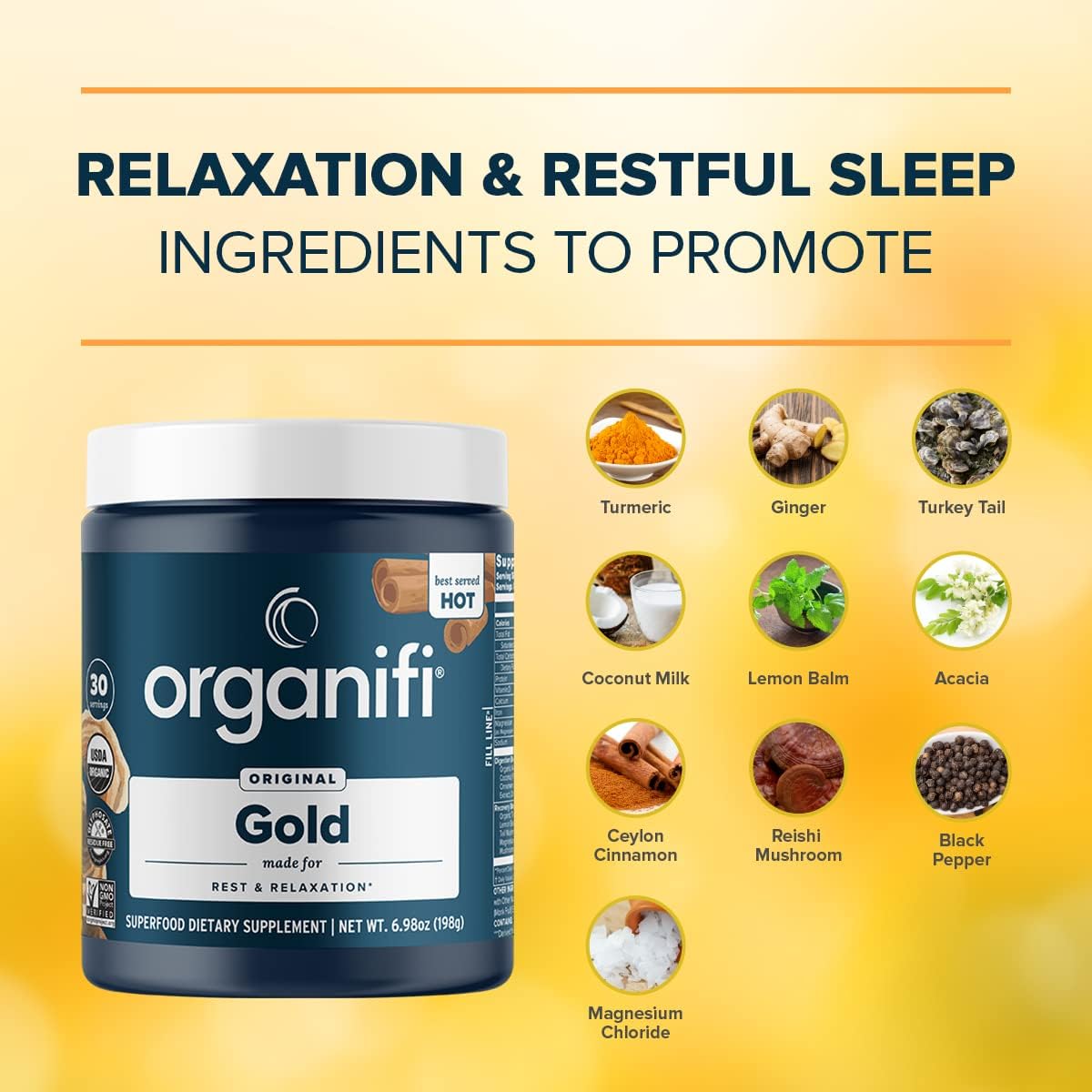 Organifi: Gold - Superfood Supplement Powder - 30 Servings - Stress Support, Better Rest, Relaxation and Promotes Restful Sleep - Turmeric and Reishi Infused
