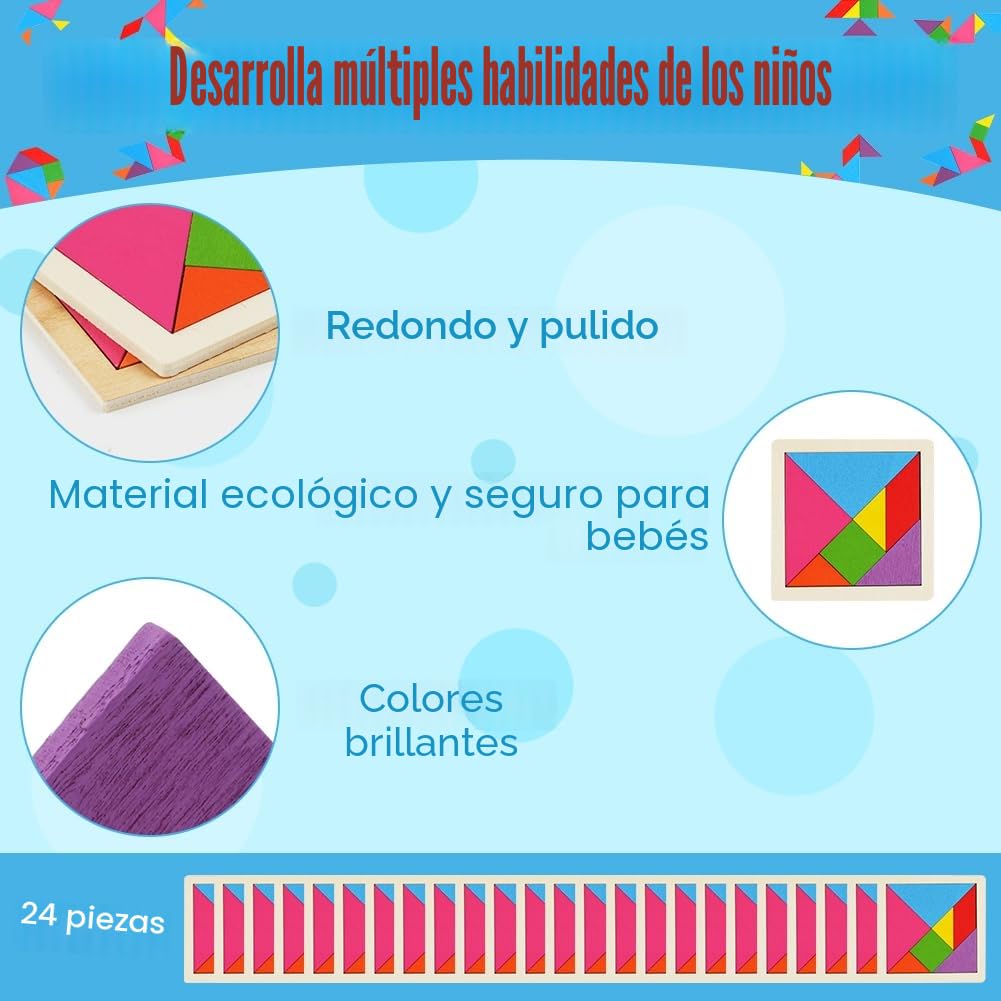 Ainiv 24PCS Tangram Infantil, Tangram Puzzle Madera Regalitos Cumpleaños Invitados Niños, Colegio, Detalles Cumpleaños, Rompecabezas Educativos Montessori para Niñas y Niños