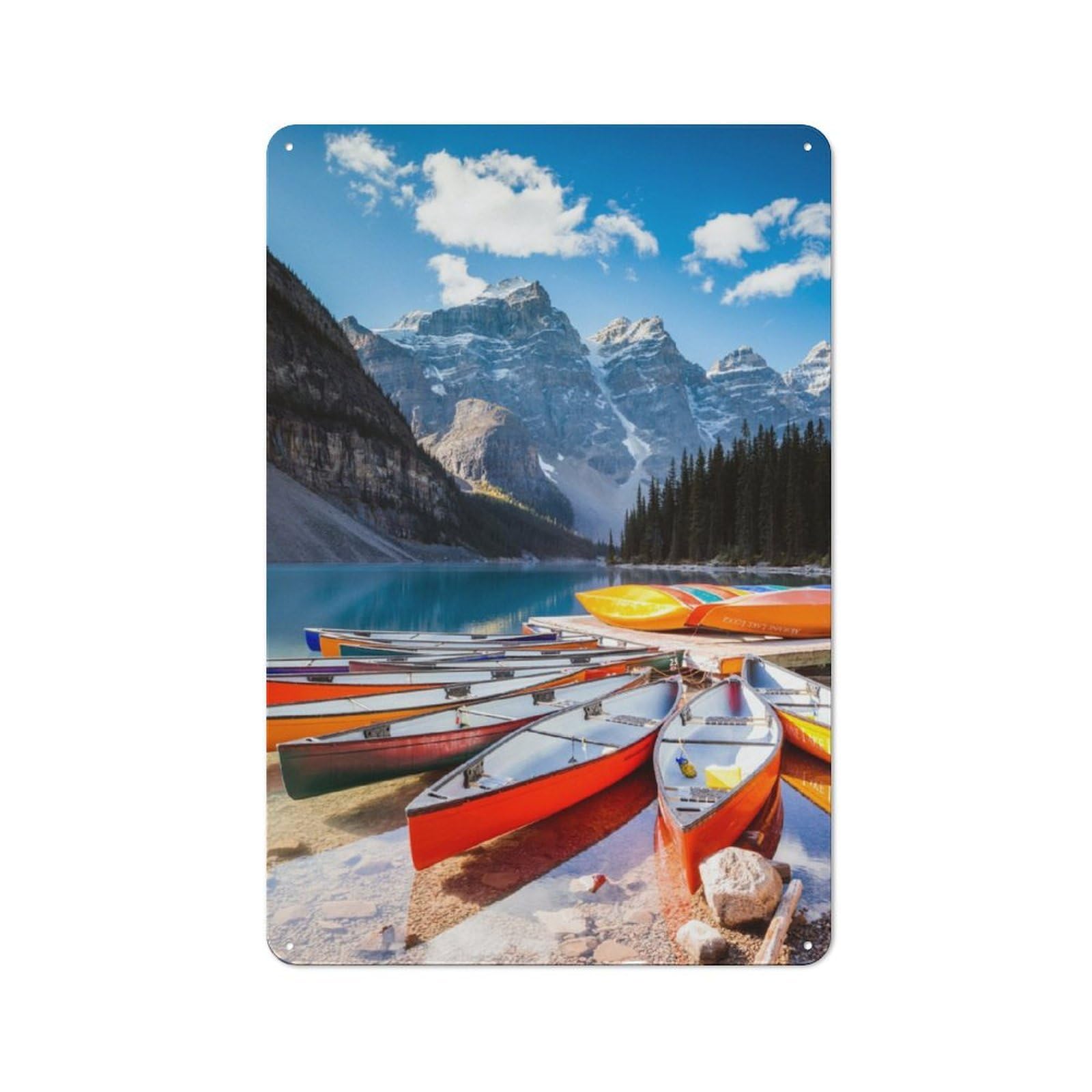Decorative Metal Plaque with Canoes at Moraine Lake Design 30x20cm, Modern Retro Studio Wall Art for Workspace, Cafe, Hallway Or Garage