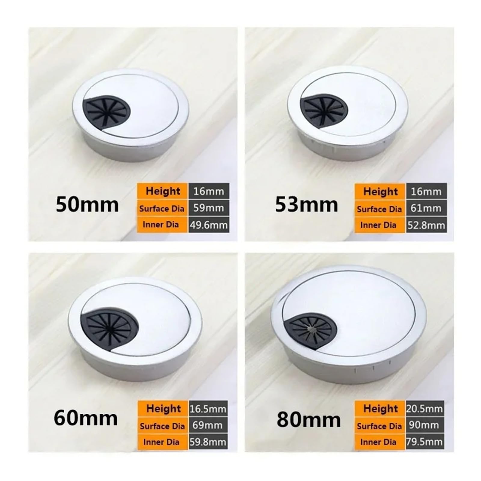 1-10 coperture per fori in lega di zinco, porta di uscita da 50/53/60/80 mm per tavolo computer scrivania PC, supporto per cavo rotondo (60 mm, 5 pezzi)