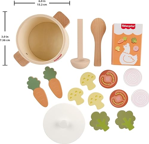 Miniatura 6 de Fisher-Price Juguete de cocina de madera, sopa de verduras, jardín pequeño, 16 piezas, juego de cocina de madera para preescolares a partir de 3